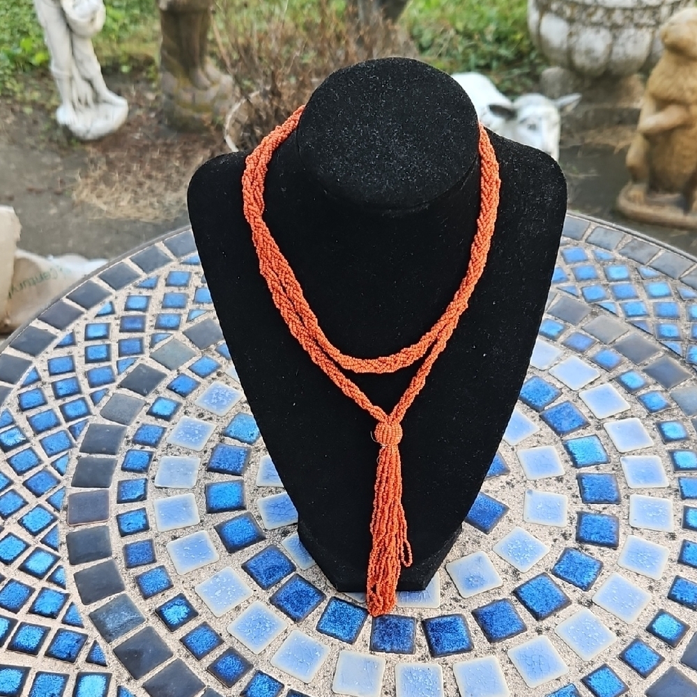 Vintage (OLD) Coral Seed Bead Tassel Necklace